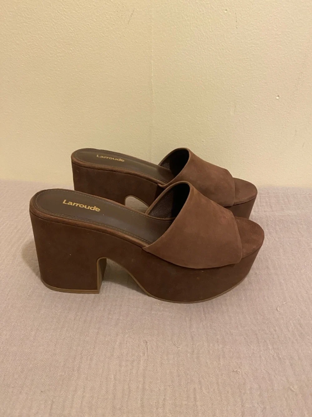 Larroude Brown Suede Platform Slide Sandals. Size 8.5